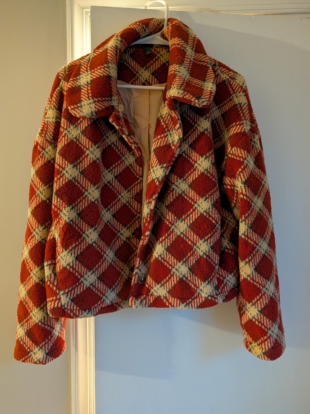 wild fable Red Plaid Teddy Jacket with Cream Highlights